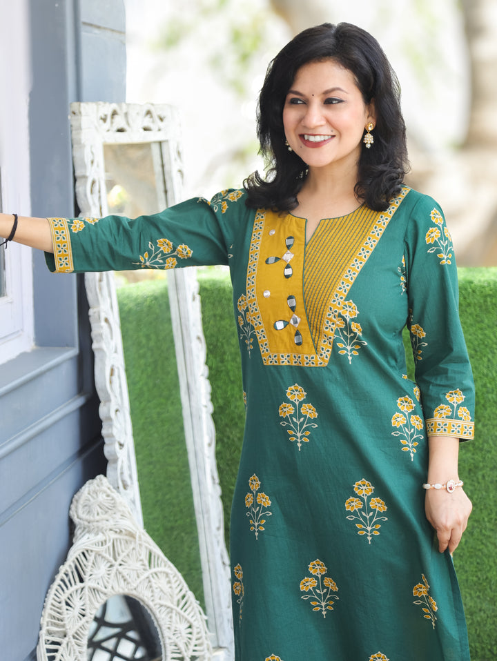 Aisha Green Mirror Work Cotton Kurti