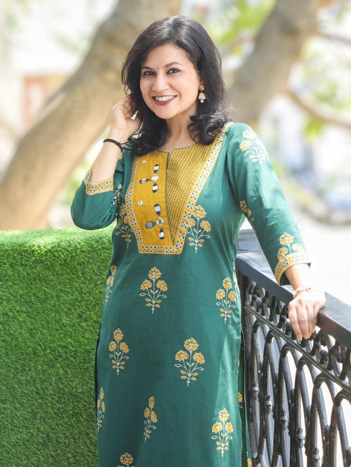 Aisha Green Mirror Work Cotton Kurti