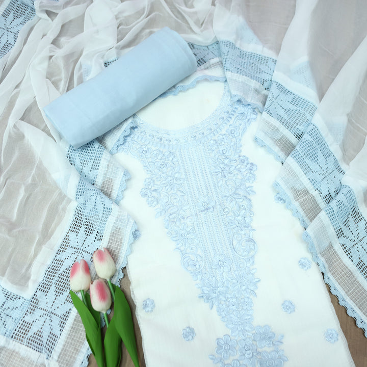 Gulmeher White with Grey Thread Embroidered Neck Panel Kota Doriya Suit Set