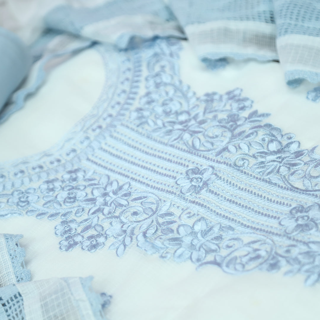 Gulmeher White with Grey Thread Embroidered Neck Panel Kota Doriya Suit Set