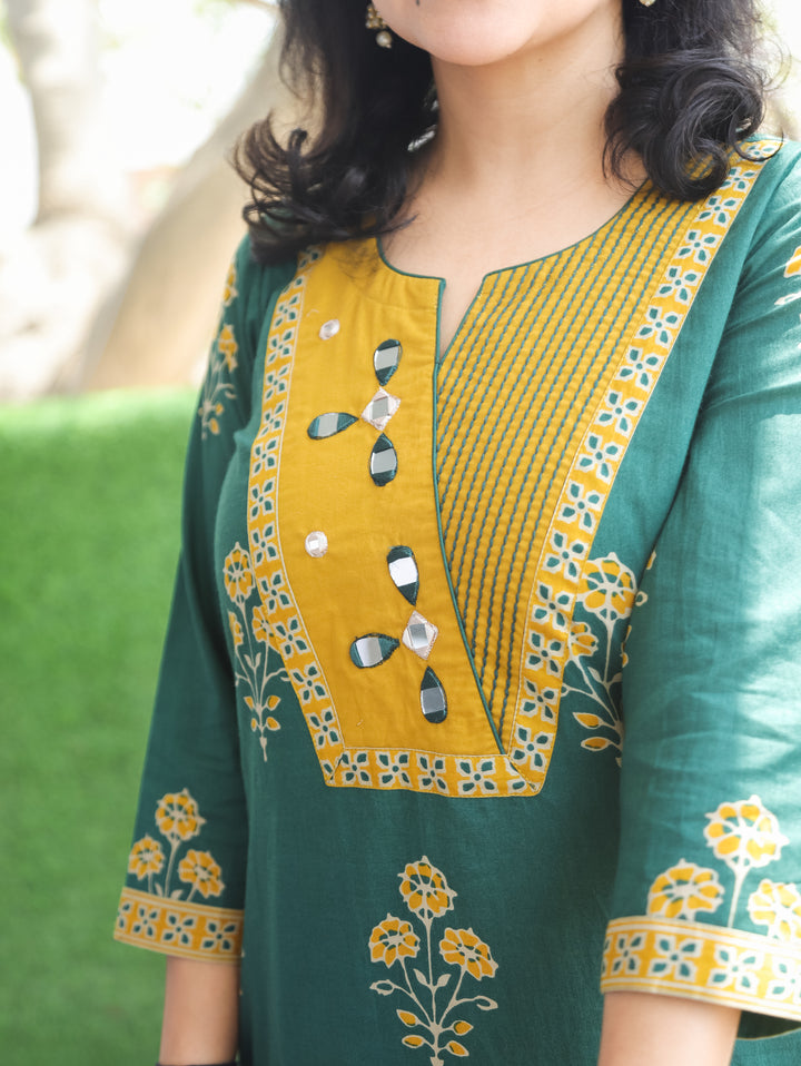 Aisha Green Mirror Work Cotton Kurti