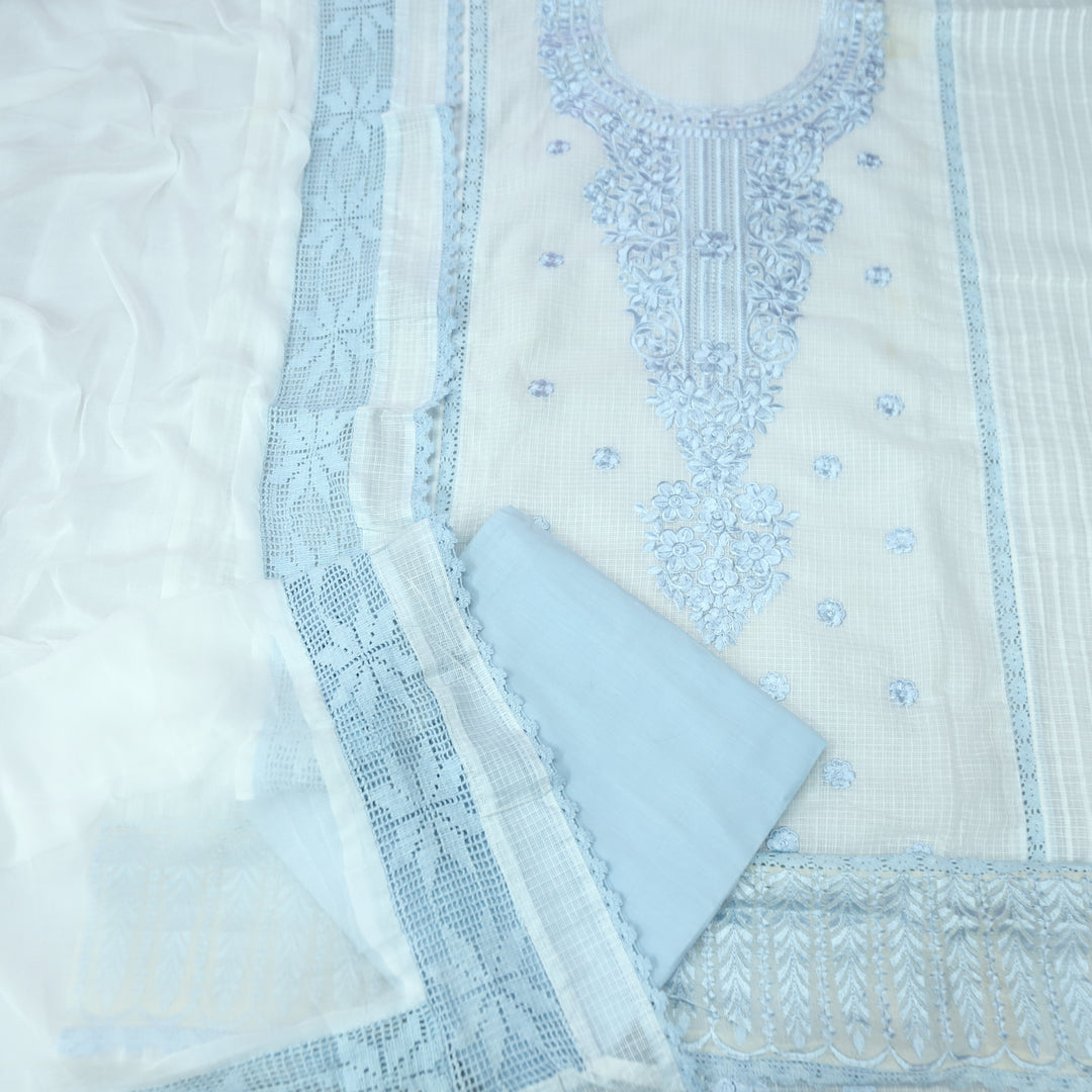 Gulmeher White with Grey Thread Embroidered Neck Panel Kota Doriya Suit Set