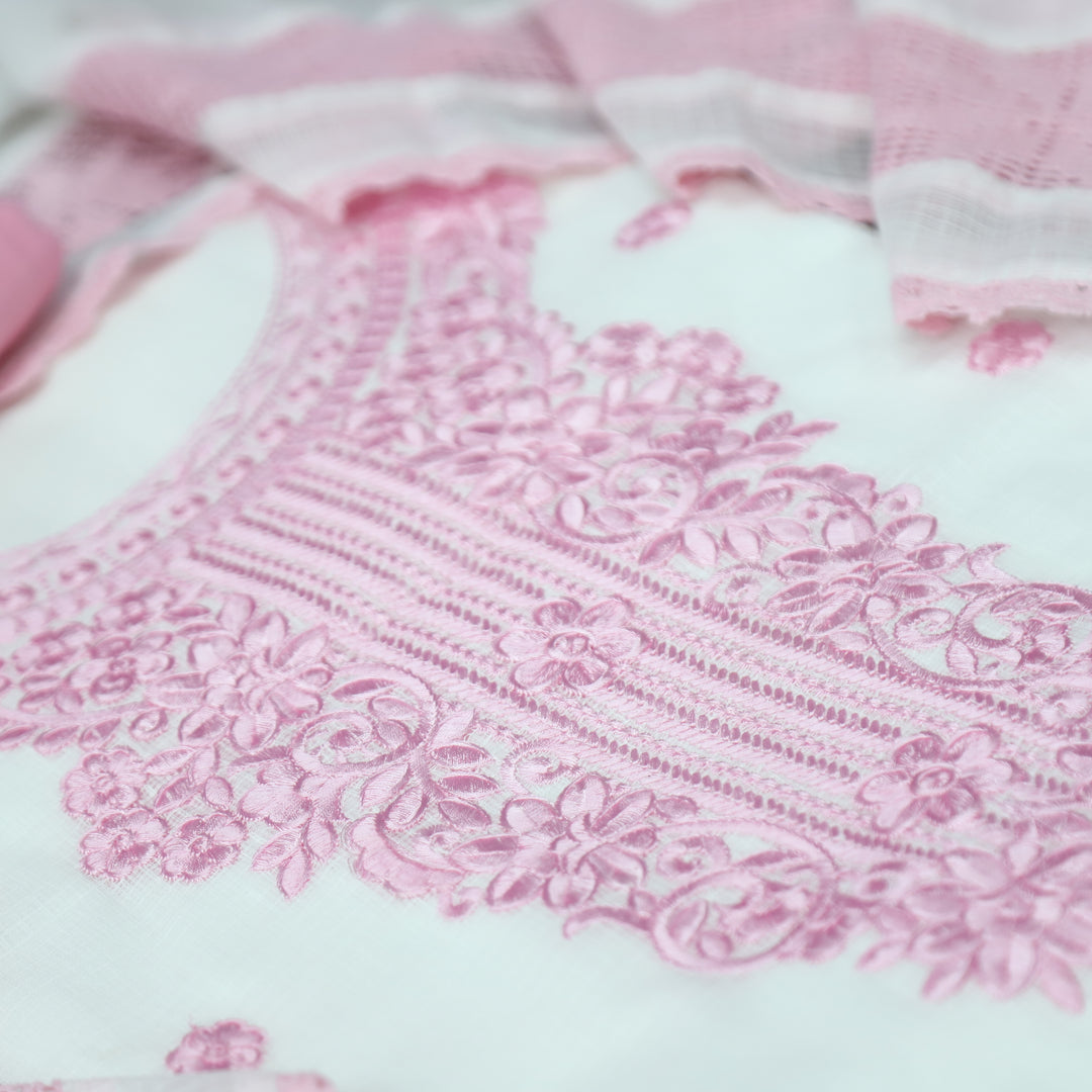 Gulmeher White with Pink Thread Embroidered Neck Panel Kota Doriya Suit Set