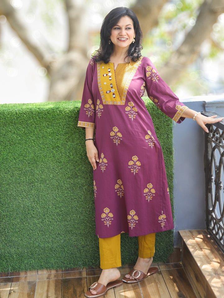 Aisha Wine Mirror Work Cotton Kurti
