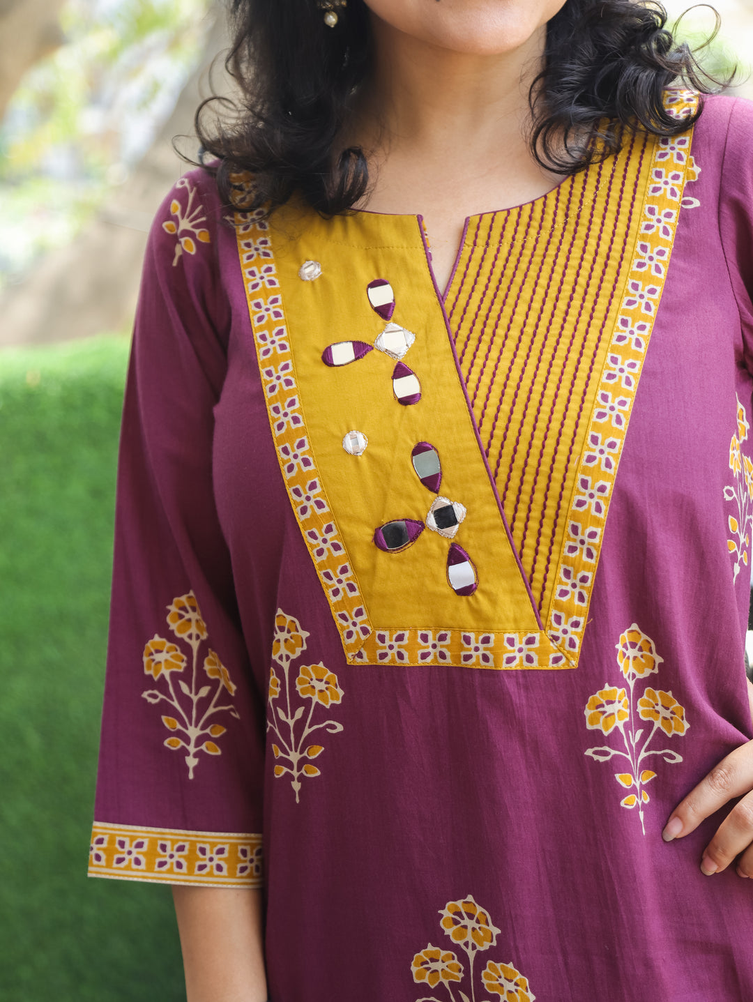 Aisha Wine Mirror Work Cotton Kurti