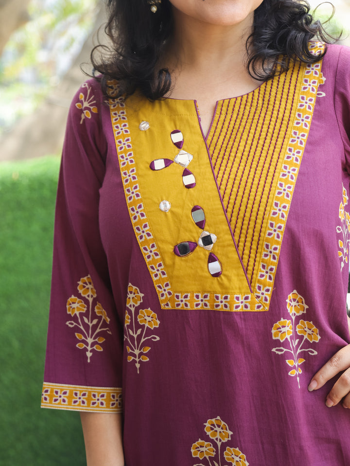 Aisha Wine Mirror Work Cotton Kurti