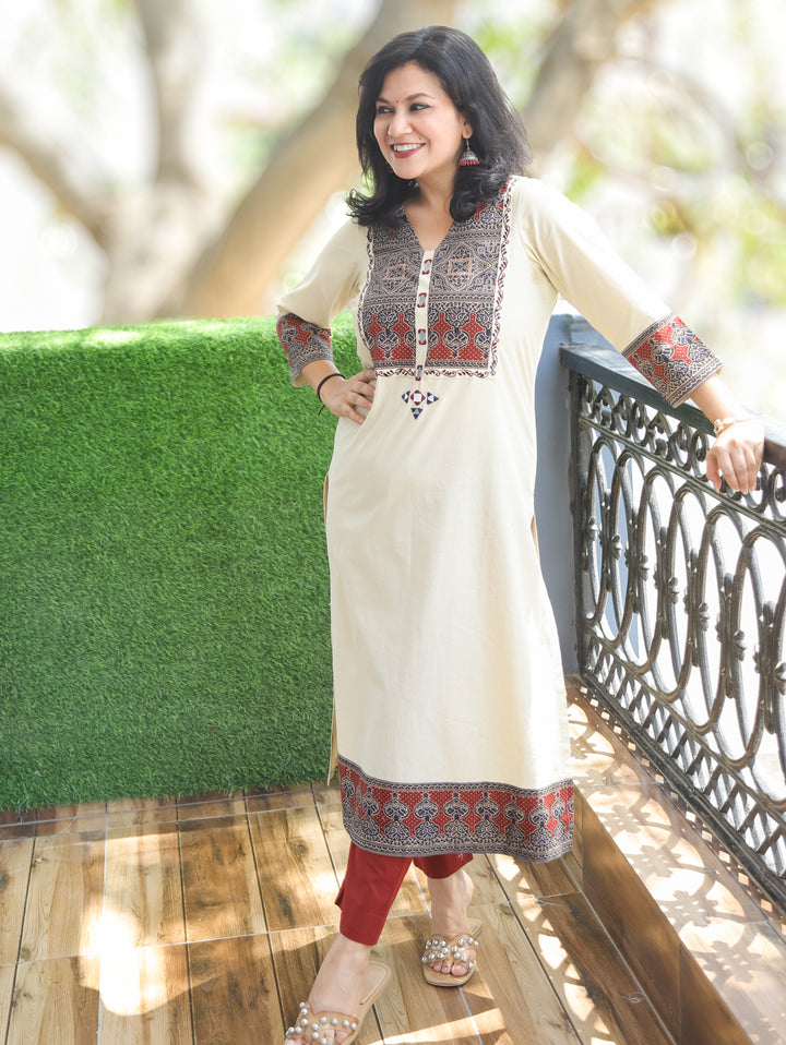 Elisha Off-white Ajrakh Yoke Cotton Kurti