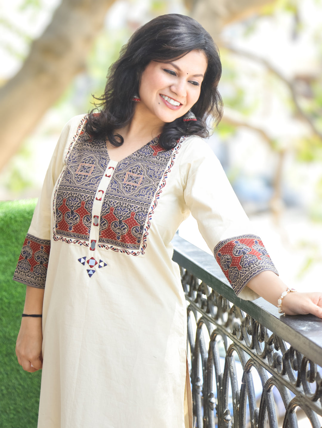 Elisha Off-white Ajrakh Yoke Cotton Kurti