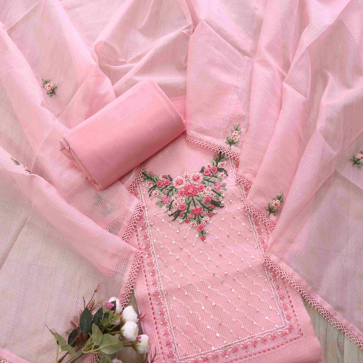 Gulbahar Flamingo Pink Floral Thread Neck Work Kota Doriya Suit Set
