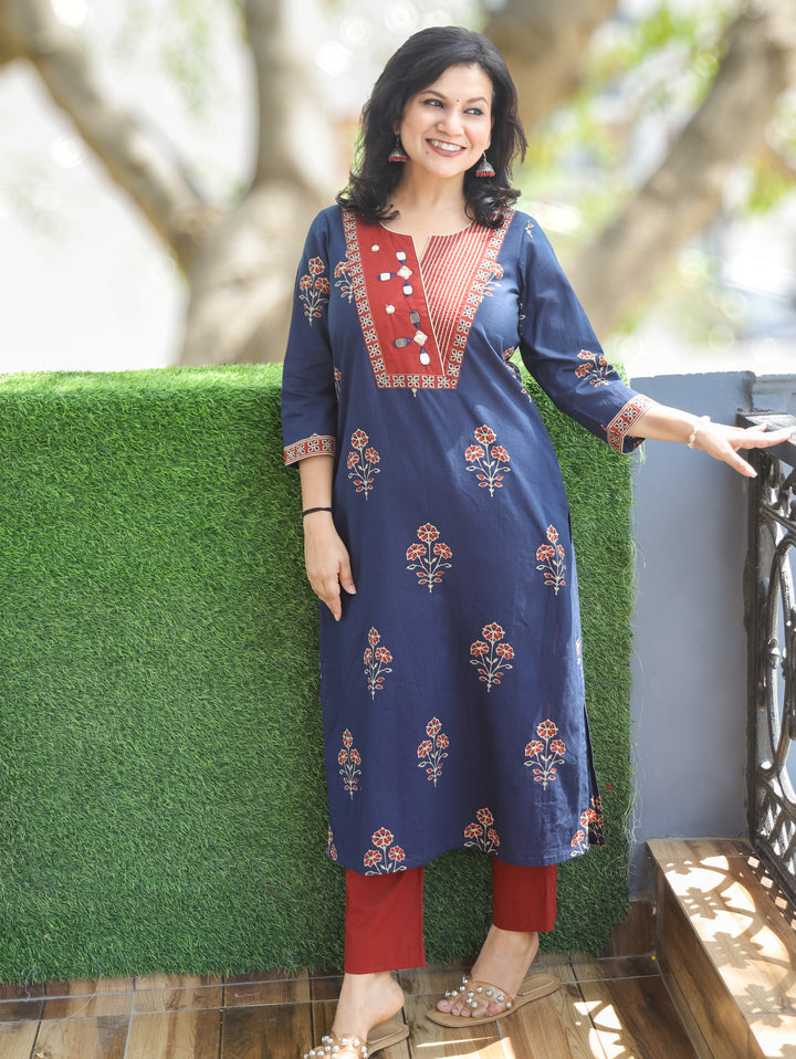 Aisha Blue Mirror Work Cotton Kurti