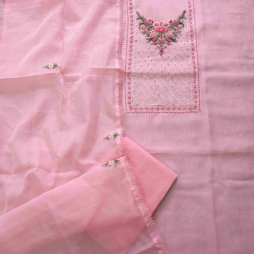 Gulbahar Flamingo Pink Floral Thread Neck Work Kota Doriya Suit Set