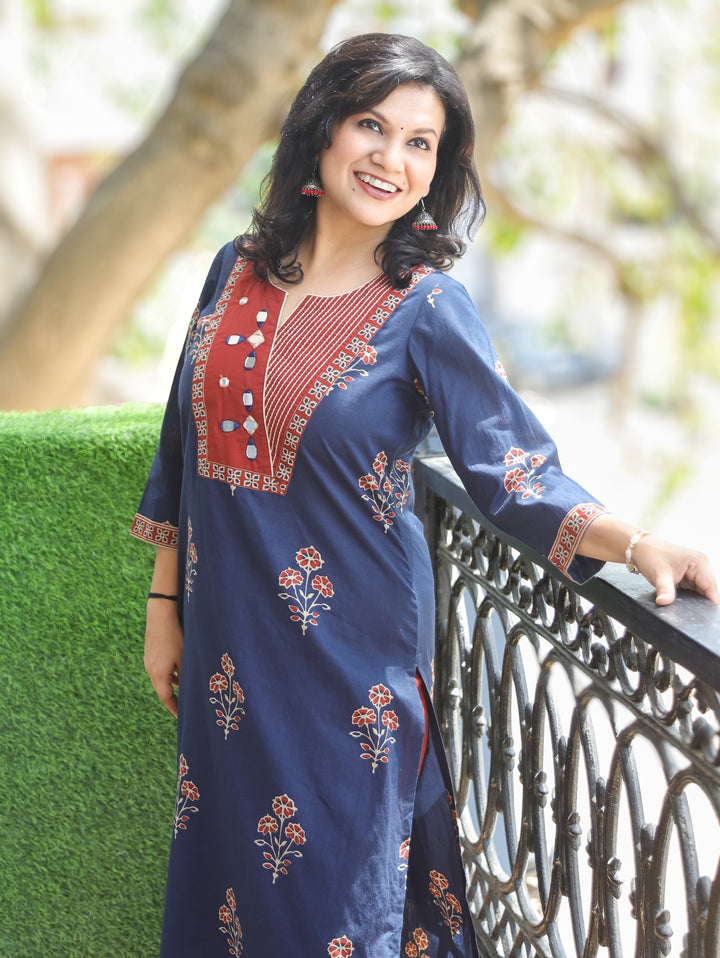 Aisha Blue Mirror Work Cotton Kurti