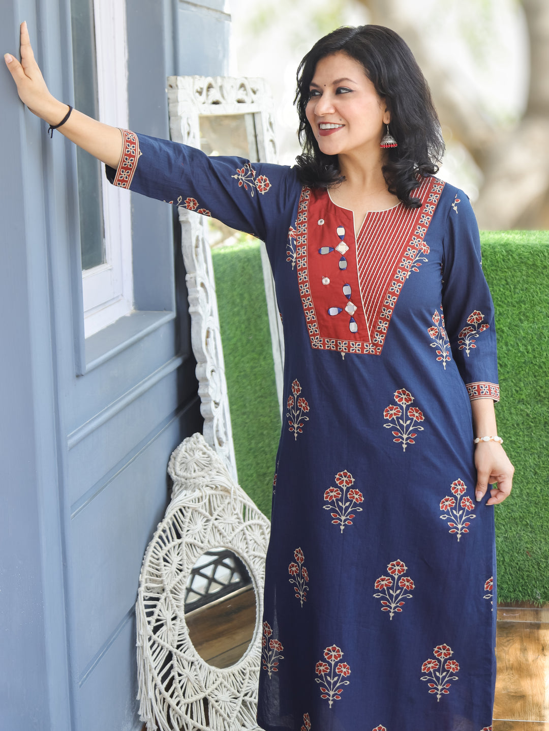 Aisha Blue Mirror Work Cotton Kurti