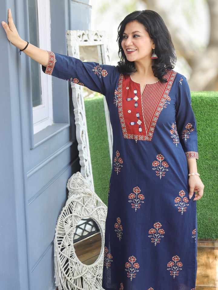 Aisha Blue Mirror Work Cotton Kurti