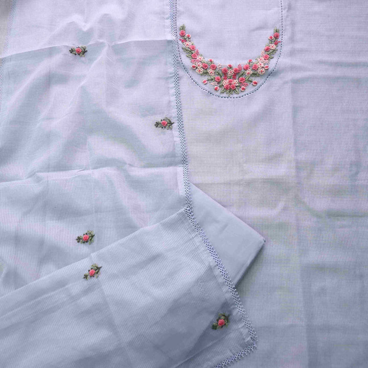Gulbahar Shadow Grey Floral Thread Neck Work Kota Doriya Suit Set