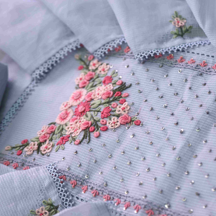 Gulbahar Fossil Grey Floral Thread Neck Work Kota Doriya Suit Set