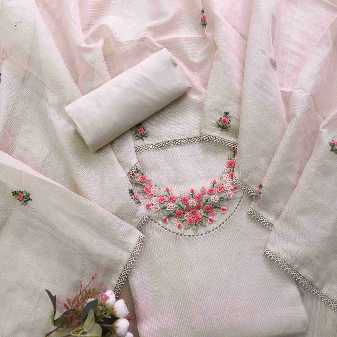 Gulbahar Beige Brown Floral Thread Neck Work Kota Doriya Suit Set