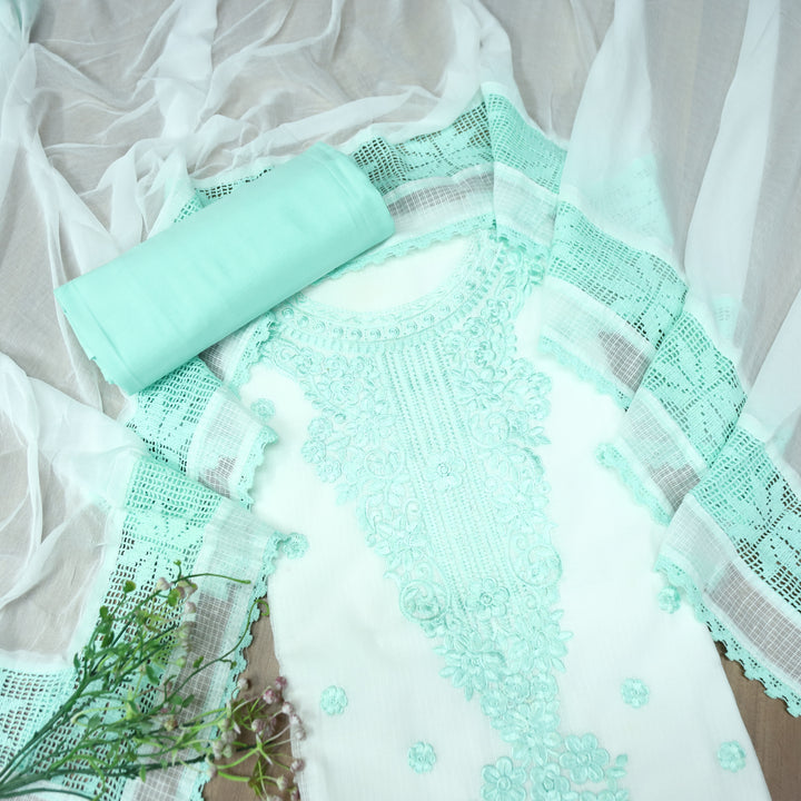 Gulmeher White with Sea Green Thread Embroidered Neck Panel Kota Doriya Suit Set