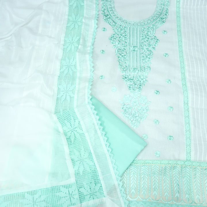 Gulmeher White with Sea Green Thread Embroidered Neck Panel Kota Doriya Suit Set