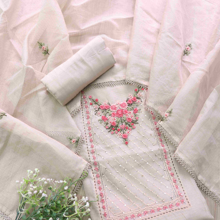 Gulbahar Soft Brown Floral Thread Neck Work Kota Doriya Suit Set
