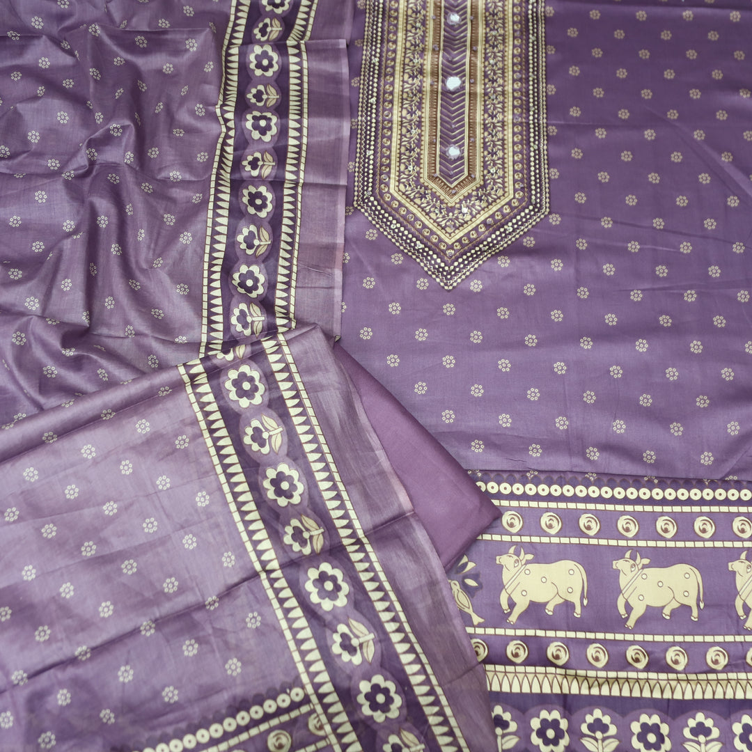 Riyavanshi Berry Purple Knot and Mirror Work with Pichwai Print Hem Jam Cotton Set