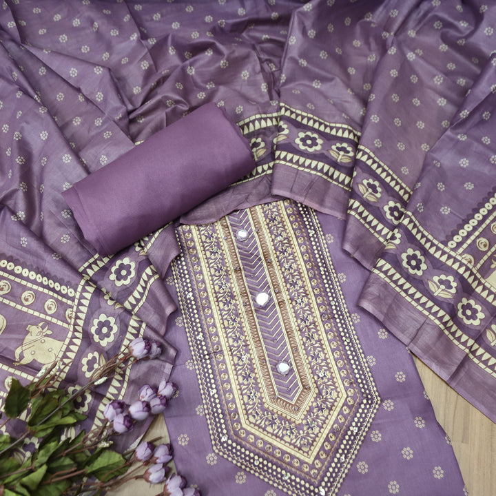 Riyavanshi Berry Purple Knot and Mirror Work with Pichwai Print Hem Jam Cotton Set