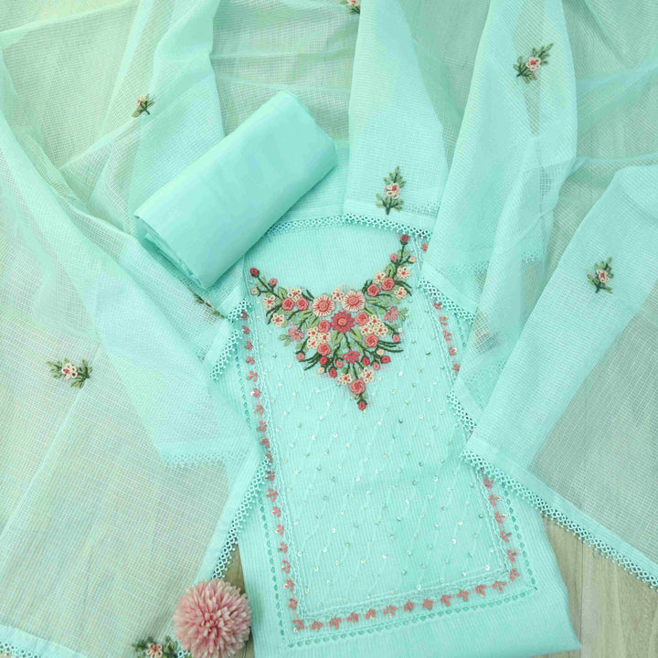 Gulbahar Ocean Green Floral Thread Neck Work Kota Doriya Suit Set