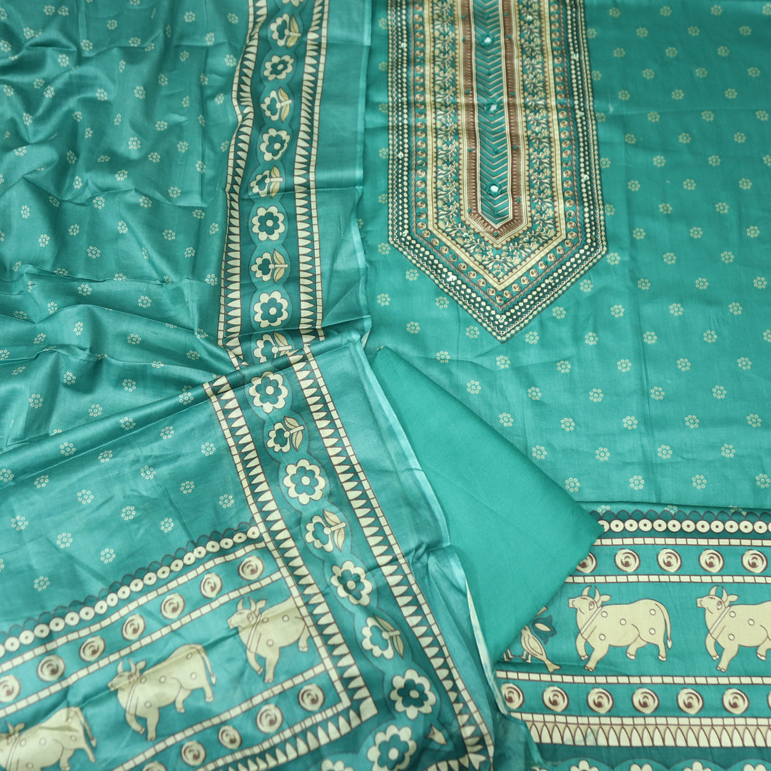 Riyavanshi Ocean Aqua Knot and Mirror Work with Pichwai Print Hem Jam Cotton Set