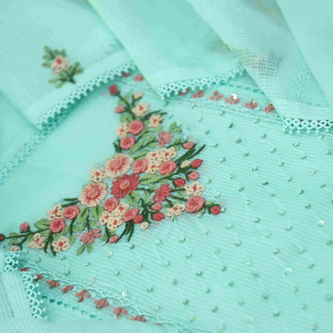 Gulbahar Ocean Green Floral Thread Neck Work Kota Doriya Suit Set