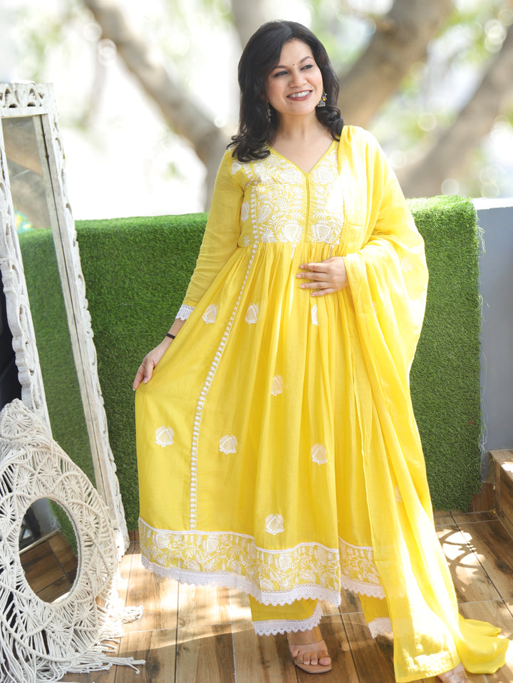 Noor Turmeric Yellow Anarkali Mul Cotton 3 Piece Set