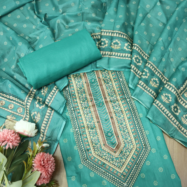 Riyavanshi Ocean Aqua Knot and Mirror Work with Pichwai Print Hem Jam Cotton Set