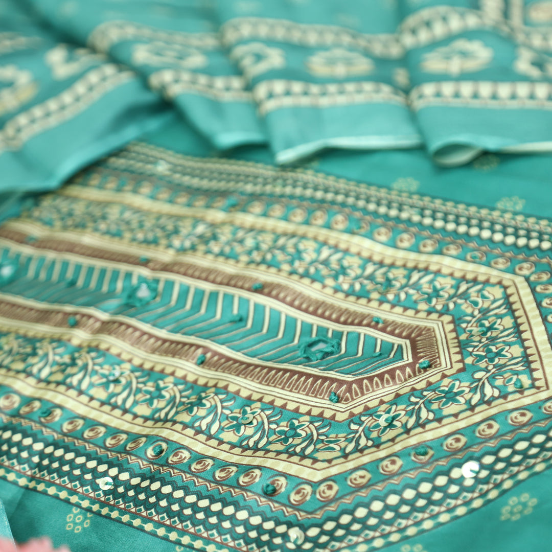 Riyavanshi Ocean Aqua Knot and Mirror Work with Pichwai Print Hem Jam Cotton Set