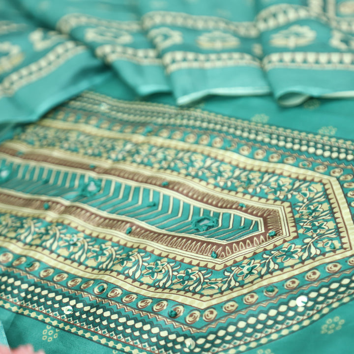 Riyavanshi Ocean Aqua Knot and Mirror Work with Pichwai Print Hem Jam Cotton Set