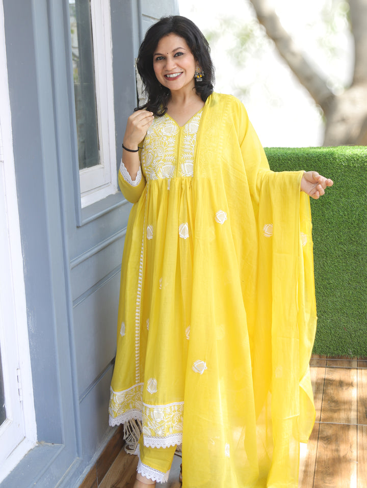 Noor Turmeric Yellow Anarkali Mul Cotton 3 Piece Set