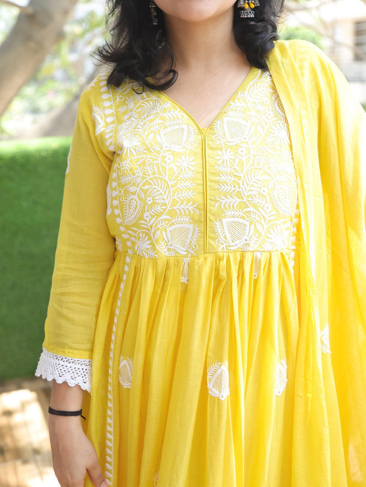 Noor Turmeric Yellow Anarkali Mul Cotton 3 Piece Set
