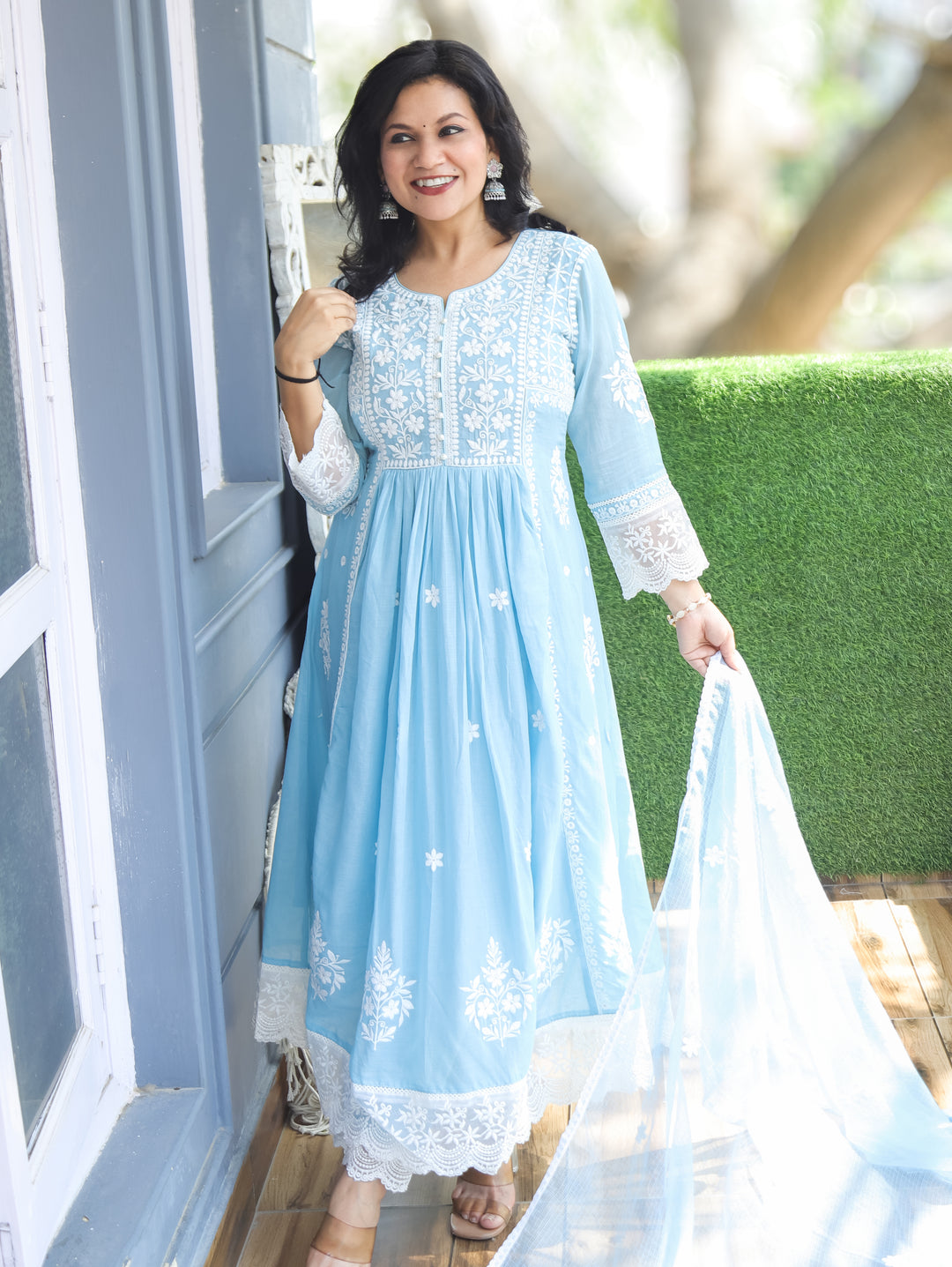Noor Ice Blue Anarkali Mul Cotton 3 Piece Set
