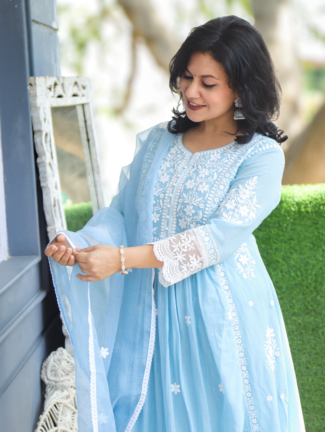Noor Ice Blue Anarkali Mul Cotton 3 Piece Set