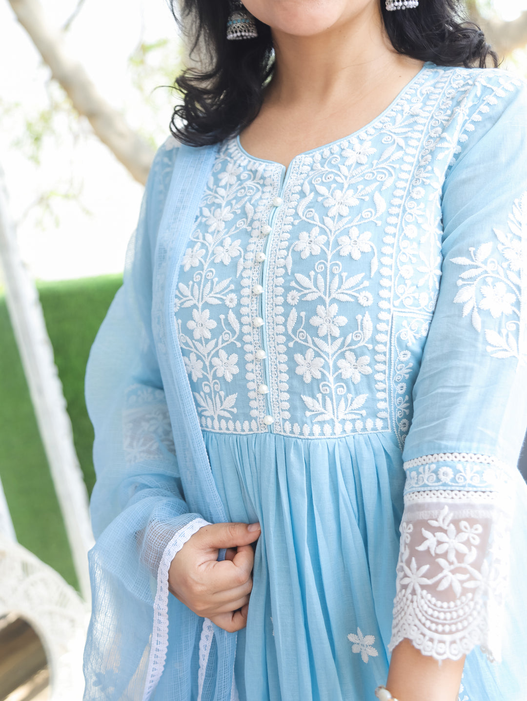 Noor Ice Blue Anarkali Mul Cotton 3 Piece Set
