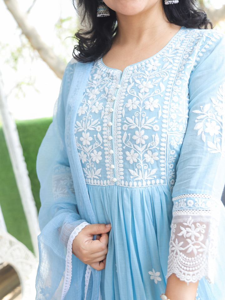 Noor Ice Blue Anarkali Mul Cotton 3 Piece Set