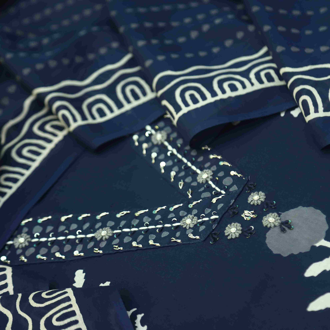 Salaari Midnight Blue V Neck Button with Mirror Work Printed Cotton Suit Set