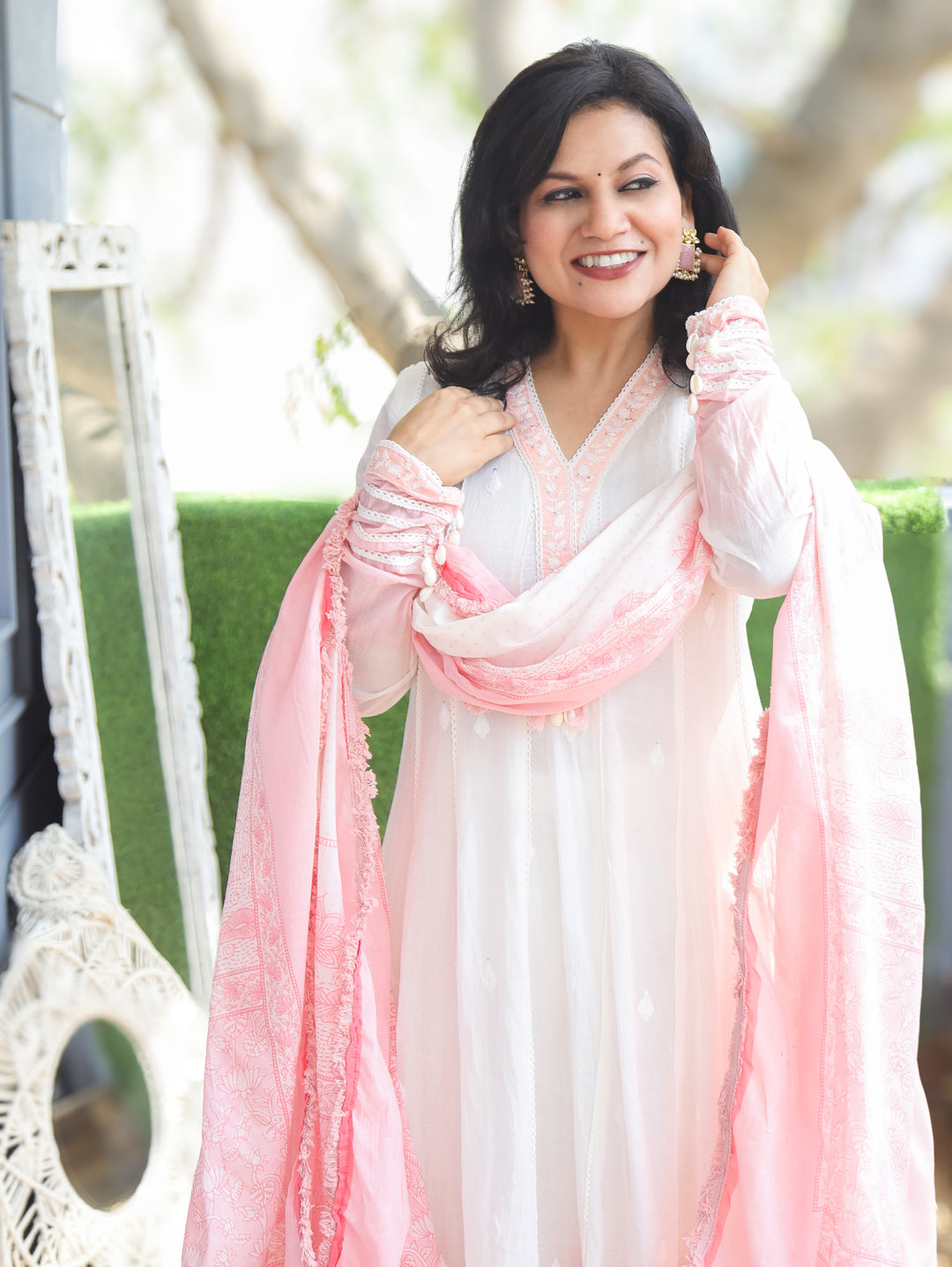 Sophia White Pink Mul Cotton Anarkali Set
