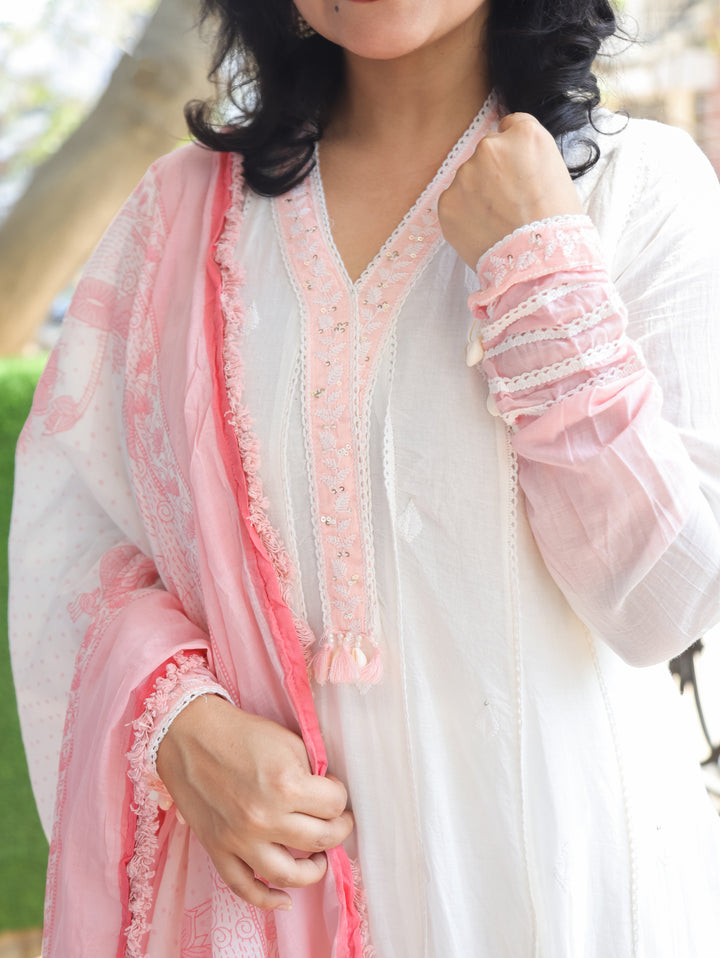 Sophia White Pink Mul Cotton Anarkali Set