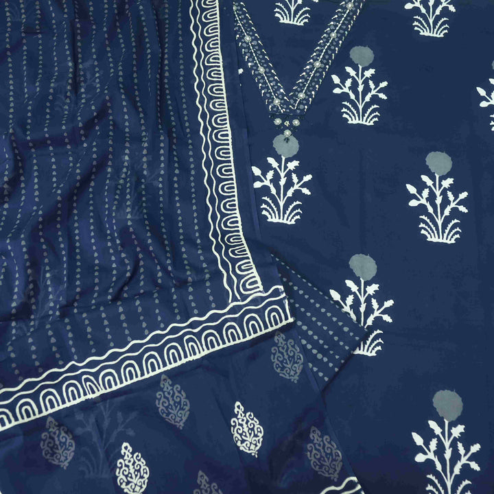 Salaari Midnight Blue V Neck Button with Mirror Work Printed Cotton Suit Set