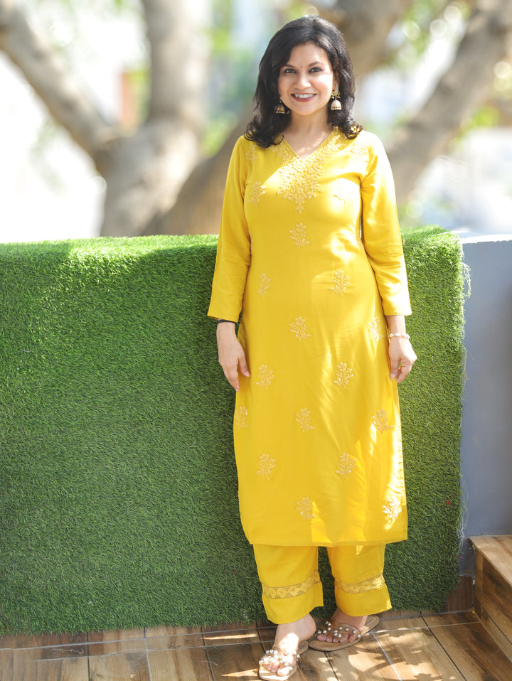 Jenna Dijon Yellow Chikankari Rayon 2 Piece Set