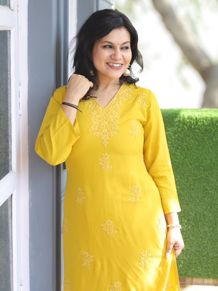 Jenna Dijon Yellow Chikankari Rayon 2 Piece Set