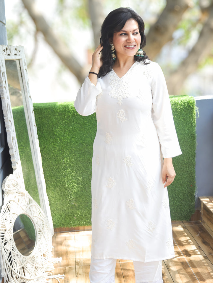Jenna Pearl White Chikankari Rayon 2 Piece Set