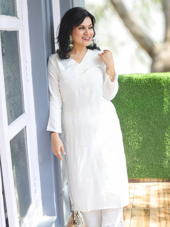 Jenna Pearl White Chikankari Rayon 2 Piece Set