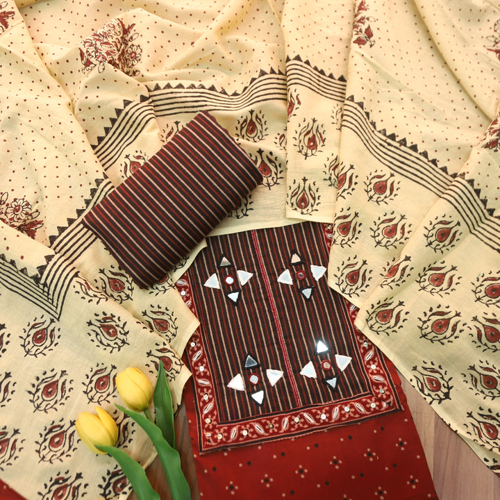 Khushi Red Kutch Patch with Mirror Work Ajrakh Print Cotton Set