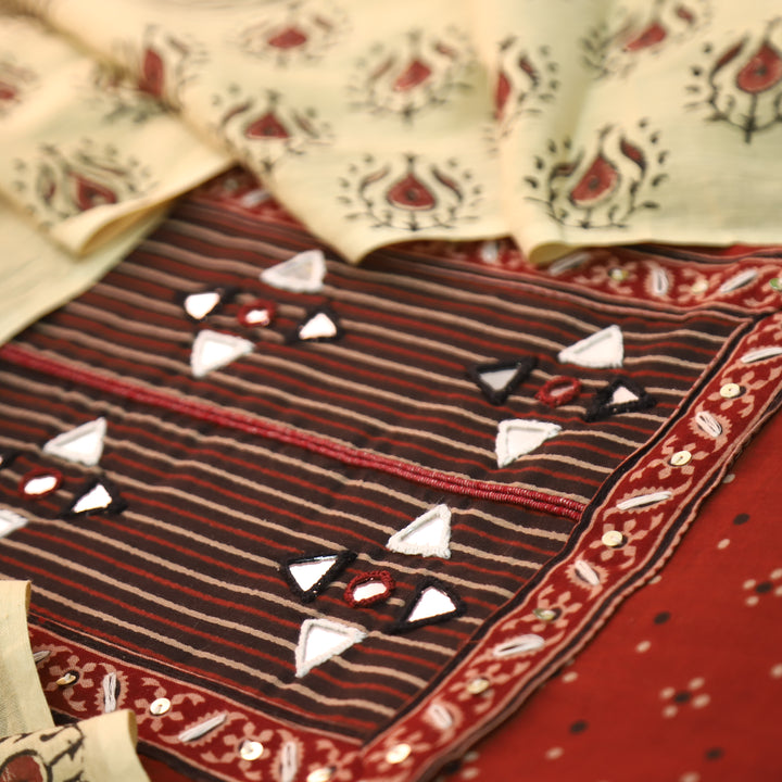 Khushi Red Kutch Patch with Mirror Work Ajrakh Print Cotton Set