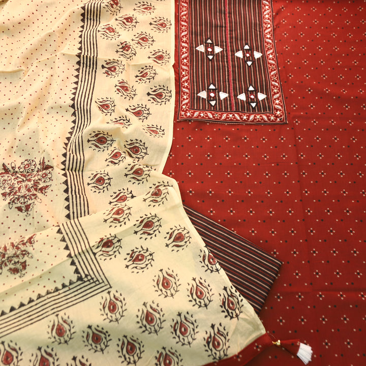 Khushi Red Kutch Patch with Mirror Work Ajrakh Print Cotton Set
